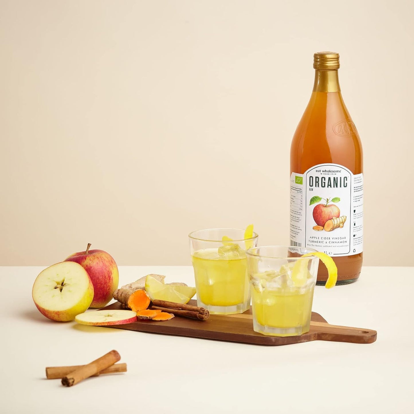 Eat Wholesome Organic Ginger, Turmeric and Chilli Raw Apple Fire Cider Vinegar with The Mother, Glass Bottle in Box, 1L