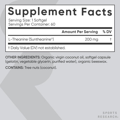 Sports Research L-Theanine 200mg with Organic Coconut Oil | Suntheanine Supplement for Focus, Relaxation & Alertness | Double Strength, Non-GMO & Gluten Free