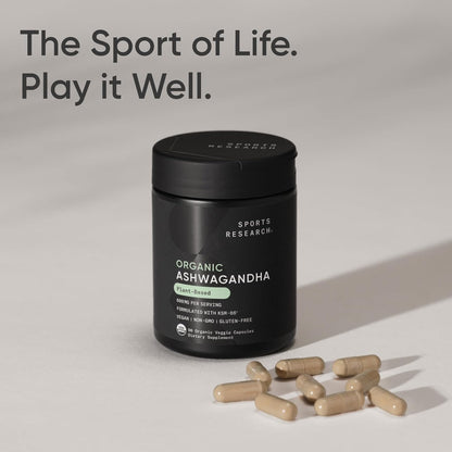 Sports Research® Organic Ashwagandha – Adaptogen for Relaxation, Calm & Sleep Support – Made with Organic KSM-66® – 600 mg – Non-GMO Verified, Gluten-Free, Certified Vegan – 90 Veggie Capsules