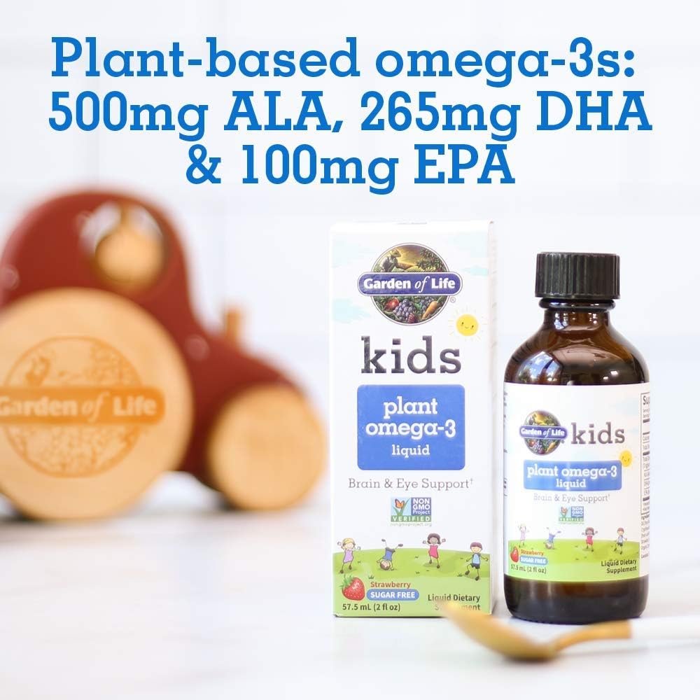 Garden of Life Kids Plant Omega-3 Liquid, Strawberry - Vegan Brain & Eye Support for Kids, Plant-Based Children's Omega 3 ALA, DHA & EPA Supplement for Children, Sugar Free & Non-GMO - 2 fl oz Liquid