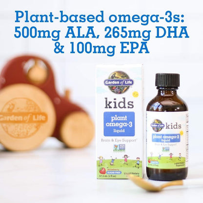 Garden of Life Kids Plant Omega-3 Liquid, Strawberry - Vegan Brain & Eye Support for Kids, Plant-Based Children's Omega 3 ALA, DHA & EPA Supplement for Children, Sugar Free & Non-GMO - 2 fl oz Liquid