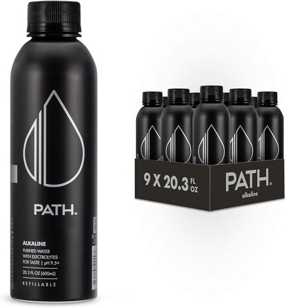 PATH Alkaline Bottled Water - 9.5 pH-Balanced Purified Water with Electrolytes in Aluminum Bottle - BPA-Free, Reusable, Infinitely Recyclable - Pure, Crisp, Refreshing Taste 20.3 fl oz (Pack of 12)