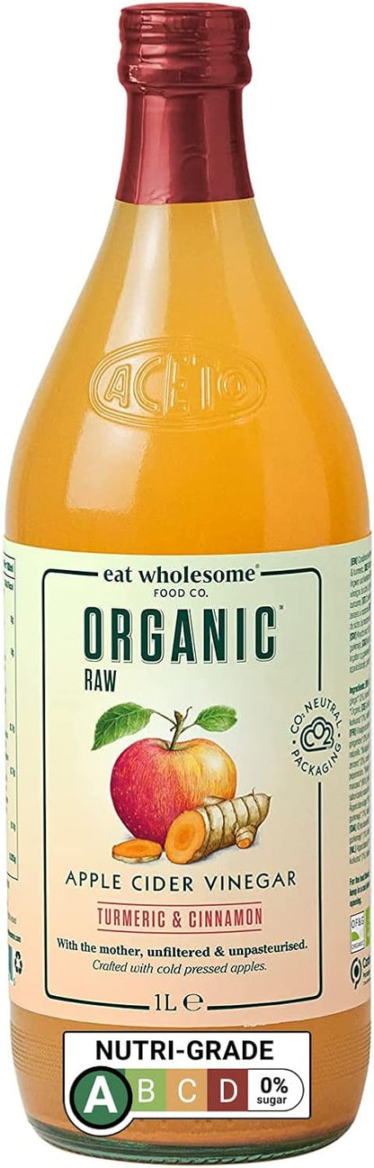 Eat Wholesome Organic Ginger, Turmeric and Chilli Raw Apple Fire Cider Vinegar with The Mother, Glass Bottle in Box, 1L