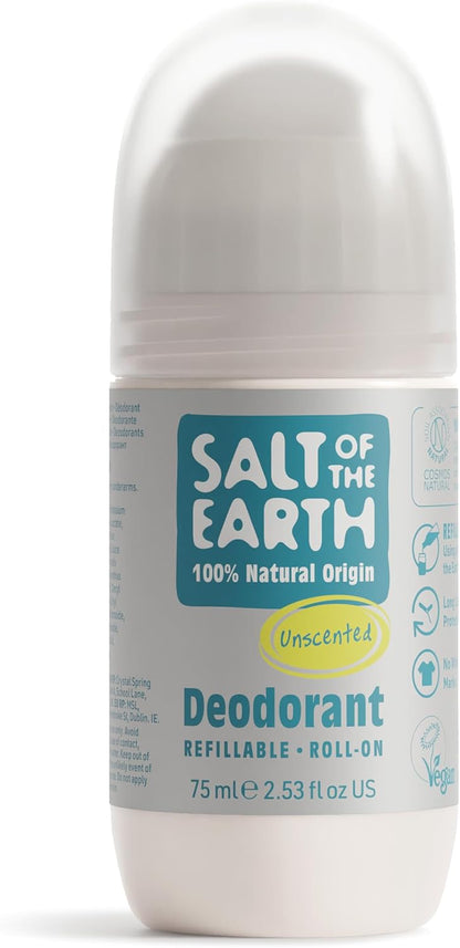 Salt Of the Earth Refillable Natural Deodorant Roll On Unscented - Effective Protection, 100% Natural, Eco friendly, Vegan, Suitable for Women, Men & Kids - 75ml