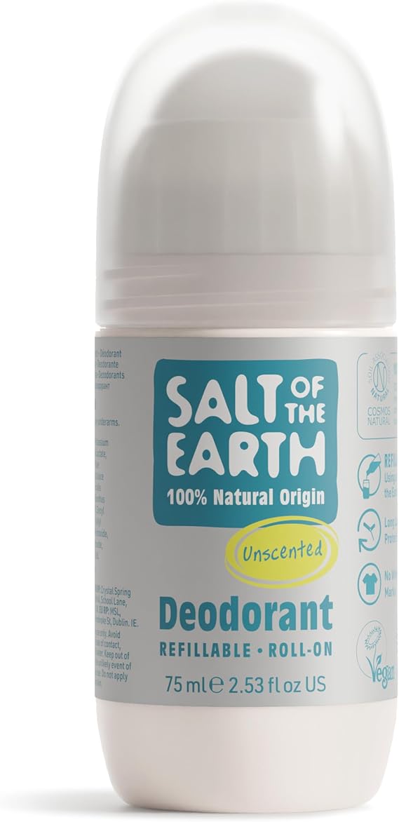 Salt Of the Earth Refillable Natural Deodorant Roll On Unscented - Effective Protection, 100% Natural, Eco friendly, Vegan, Suitable for Women, Men & Kids - 75ml