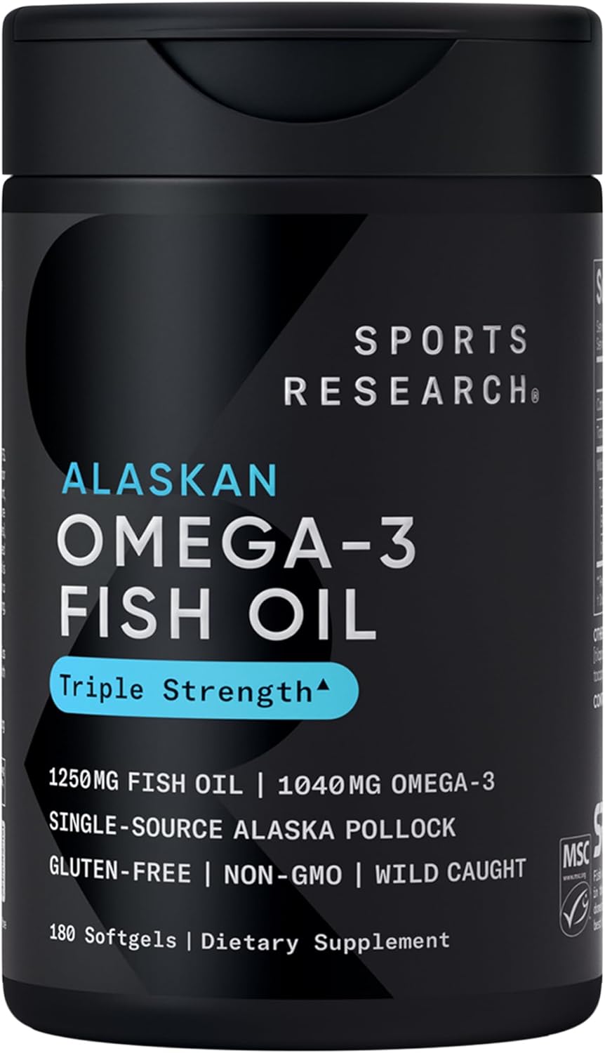 Sports Research Triple Strength Omega 3 Fish Oil 1250mg from Wild Alaskan Pollock - Burpless Fish Oil Supplement with Omega-3 EPA & DHA - Sustainably Sourced, Non-GMO, Gluten Free - 30 Softgels