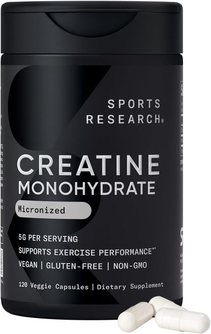 Sports Research® Creatine Monohydrate Capsules - May Support Workout Recovery, Lean Muscle gain, Performance and Strength* - Non-GMO, Vegan Certified - 5g per Servings - 30 Servings