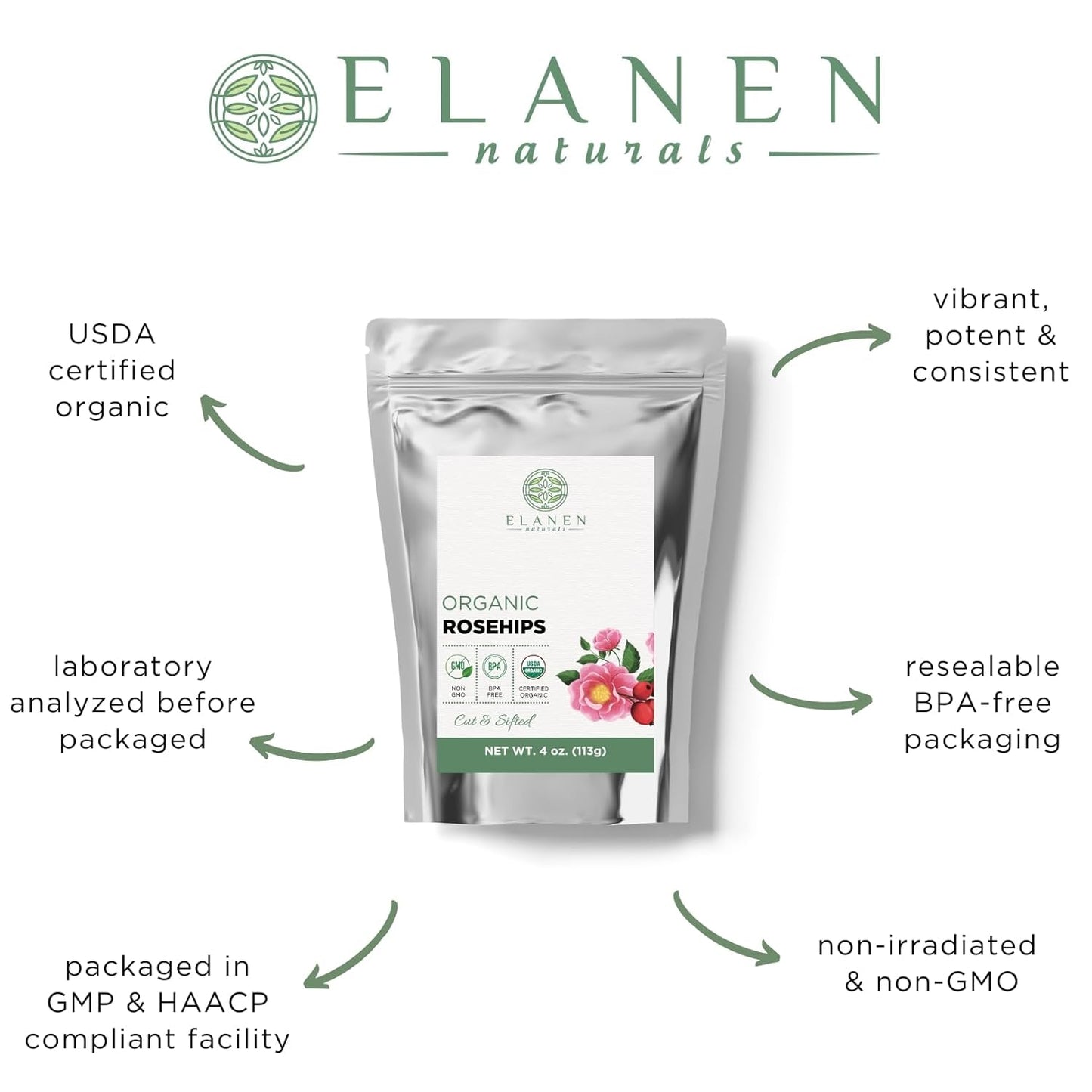 Elanen Naturals Organic Rose Hips 4 oz. (113g), USDA Certified Organic Rosehip Tea, Dried Rose Hips, Whole Rosehips Bulk, Cut & Sifted