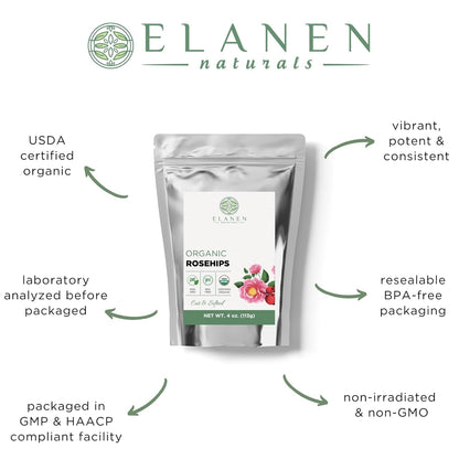 Elanen Naturals Organic Rose Hips 4 oz. (113g), USDA Certified Organic Rosehip Tea, Dried Rose Hips, Whole Rosehips Bulk, Cut & Sifted