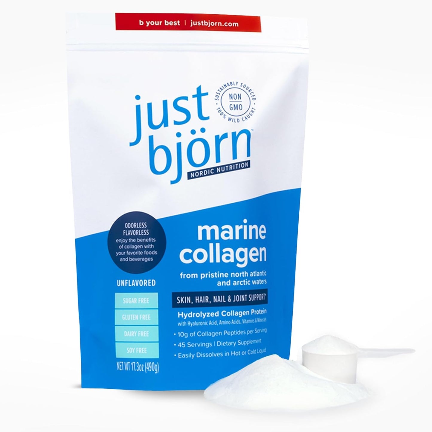 Just Bjorn Marine Collagen Peptides Powder On-The-Go Stick Packs - Collagen Powder for Women & Men - Skin, Hair, Nail & Joint Support - Hyaluronic Acid, Vitamin C, Amino Acids - Unflavored (10 Pack)