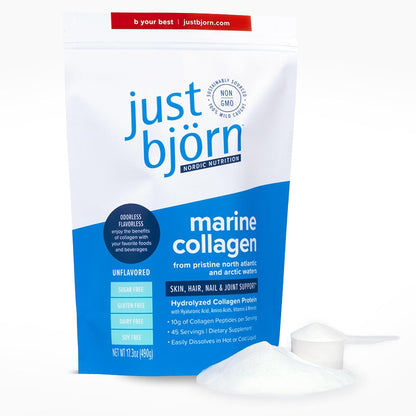 Just Bjorn Marine Collagen Peptides Powder On-The-Go Stick Packs - Collagen Powder for Women & Men - Skin, Hair, Nail & Joint Support - Hyaluronic Acid, Vitamin C, Amino Acids - Unflavored (10 Pack)