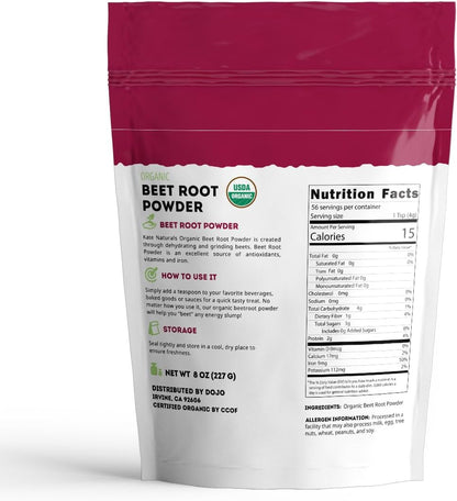 Kate Naturals Beet Root Powder Organic for Smoothie & Energy Boost. Nitric Oxide Supplement for Workout (8oz, Earth Flavor, Mix with Juice Easily)