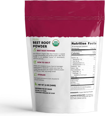 Kate Naturals Beet Root Powder Organic for Smoothie & Energy Boost. Nitric Oxide Supplement for Workout (8oz, Earth Flavor, Mix with Juice Easily)