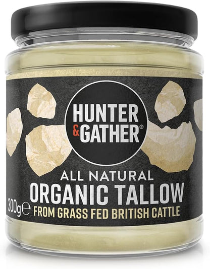 Hunter & Gather Organic Beef Tallow from Grass Fed British Cows 300g | Gluten Free, Seed Oil Free | Keto, Low Carb, Paleo I Ancestrally Inspired Nutrition I Simply 1 Ingredient I Glass Jar