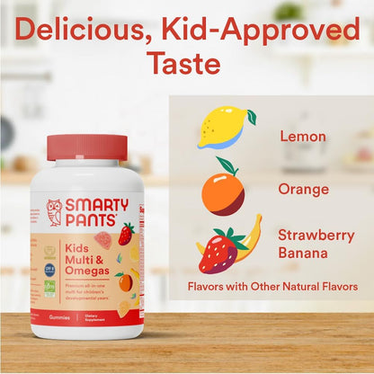 SmartyPants Kids Multivitamin Gummies: Omega 3 Fish Oil (EPA/DHA), Vitamin D3, C, Vitamin B12, B6, A, K & Zinc for Immune Support, Biotin, Gluten Free, Three Fruit Flavors, 120 Count (30 Day Supply)