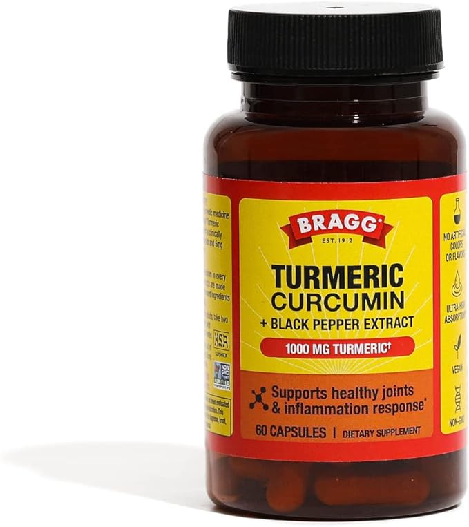 Bragg Turmeric Curcumin with BioPerine 1000mg Supplement - 95% Standardized Curcuminoids for High Absorption - Joint Support – Vegan – Non-GMO - Capsules with Black Pepper (60 Pills)