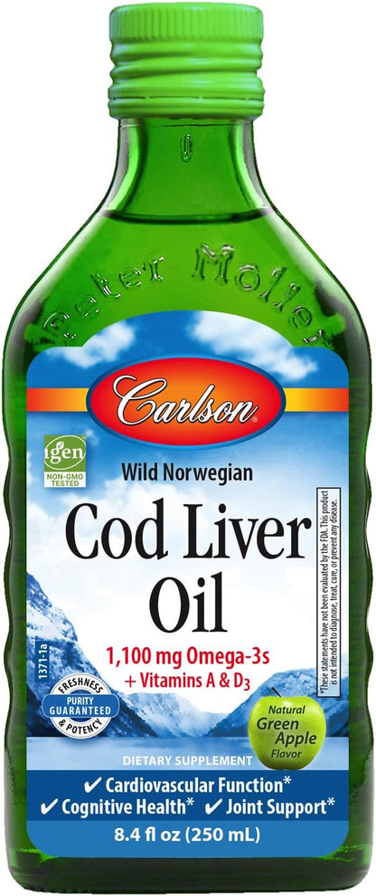 Carlson - Cod Liver Oil, 1100 mg Omega-3s, Plus Vitamins A and D3, Wild Caught Norwegian Arctic Cod Liver Oil, Sustainably Sourced Nordic Fish Oil Liquid, Unflavored, 250 mL (8.4 Fl Oz)