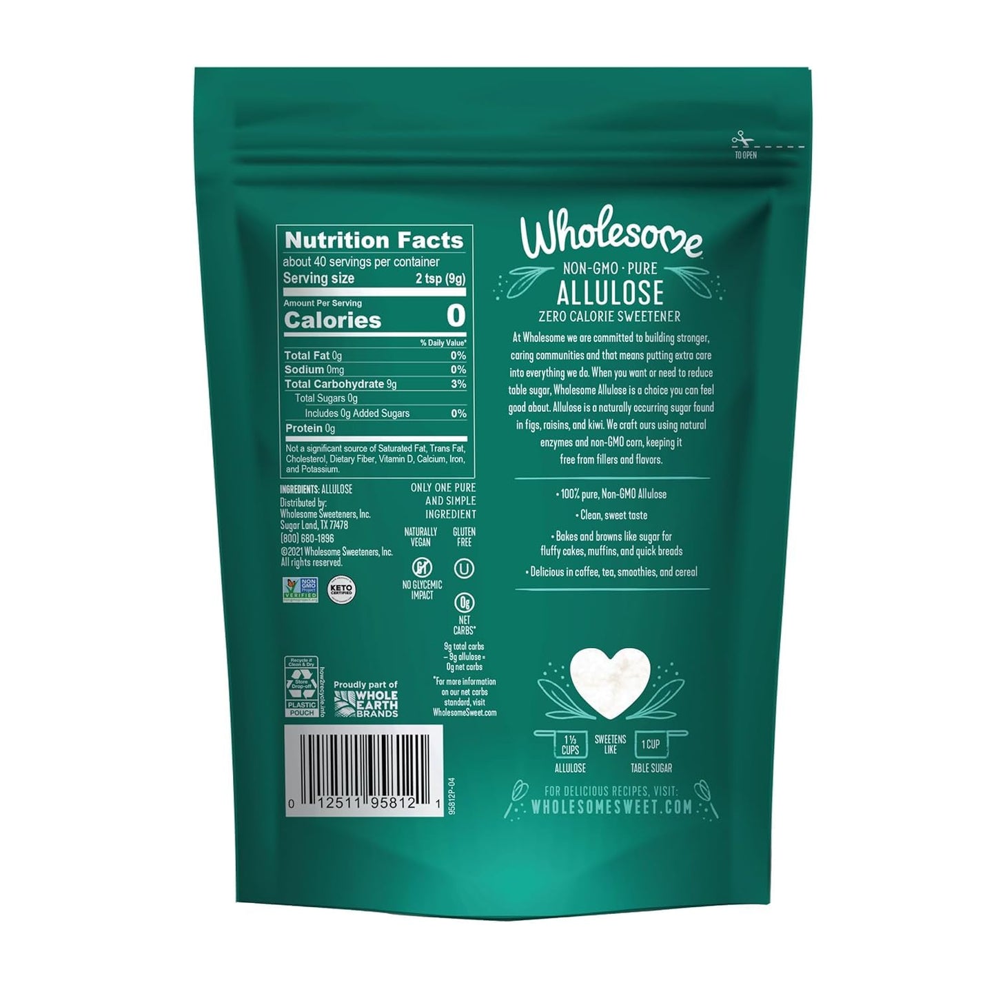 Wholesome Allulose Sweetener, 12-Ounce Bag, Zero Calorie Granulated Sugar Substitute, Non GMO, Non Erythritol, Gluten Free & Vegan Keto Sweetener