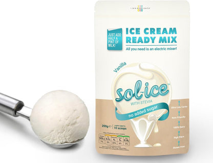 Sol-ice 0% Added Sugar Ice Cream Mix Powder | Dairy Keto Friendly | Whip with Just a Mixer or Machine | Vanilla 200g (makes 8-10 scoops) ice cream