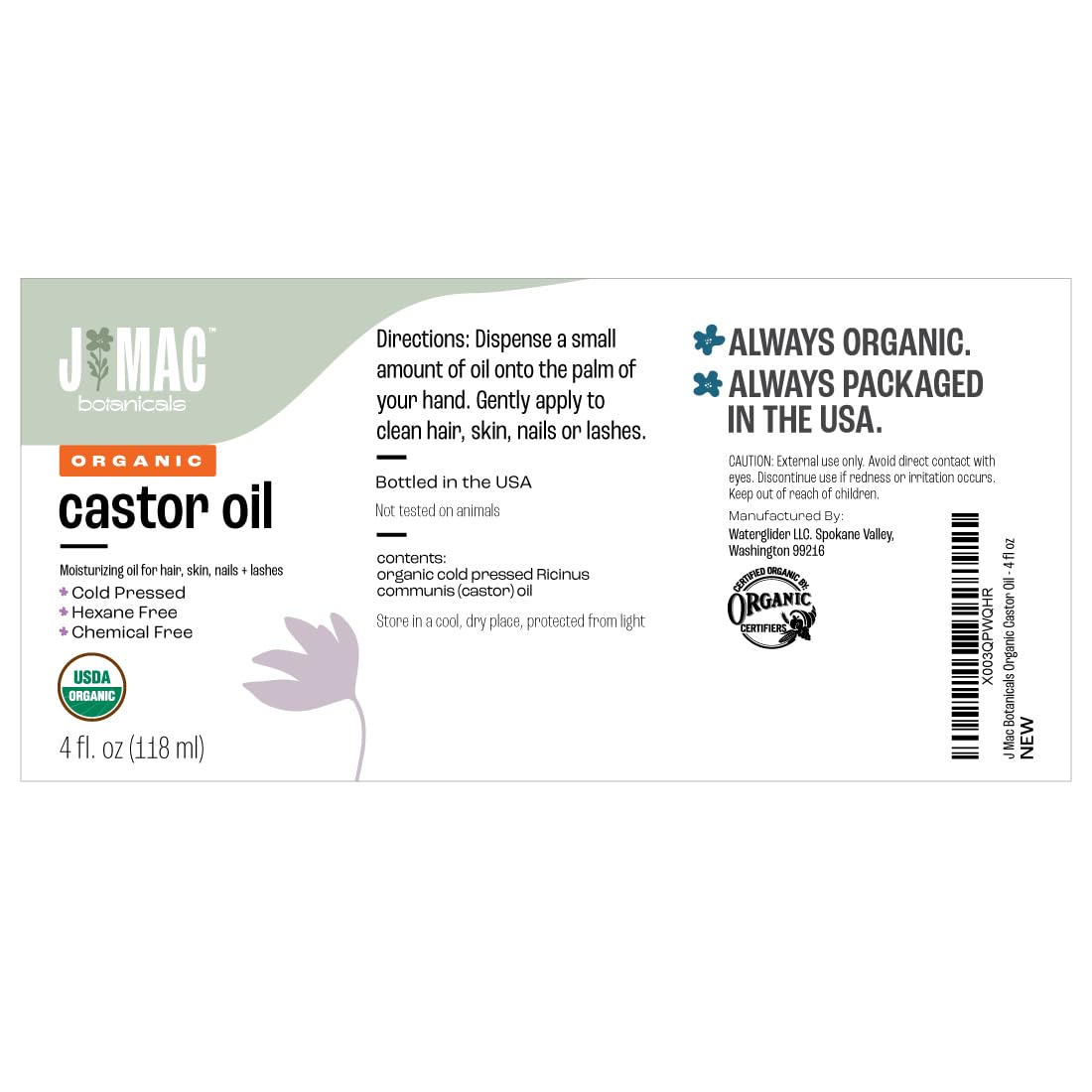 J MAC BOTANICALS Organic Castor Oil Cold Pressed in Amber Glass Bottle (4oz, NO DROPPER) USDA Certified, Hexane Free - Moisturizing Oil for Hair, Skin, Face, Eyelashes, Brows, Nails, and Castor Wraps