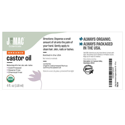 J MAC BOTANICALS Organic Castor Oil Cold Pressed in Amber Glass Bottle (4oz, NO DROPPER) USDA Certified, Hexane Free - Moisturizing Oil for Hair, Skin, Face, Eyelashes, Brows, Nails, and Castor Wraps
