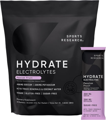 Sports Research® Hydrate Electrolytes Powder Packets - Sugar-Free & Naturally Flavored with Vitamins, Minerals, and Coconut Water - Supports Hydration - 16 Packets - Variety Pack | Sugar-Free