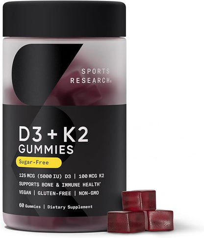 Sports Research Vegan Vitamin D3 + K2 Gummies – 5000 IU D3, MK-7 K2 [60ct]