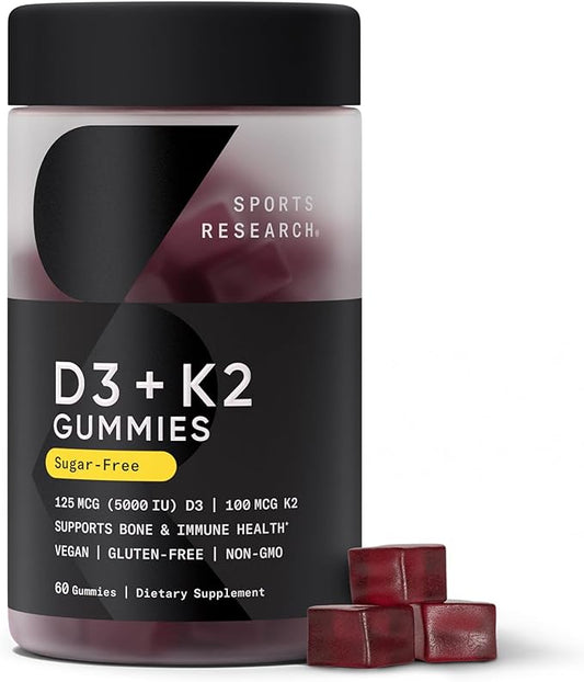 Sports Research Vegan Vitamin D3 + K2 Gummies – 5000 IU D3, MK-7 K2 [60ct]