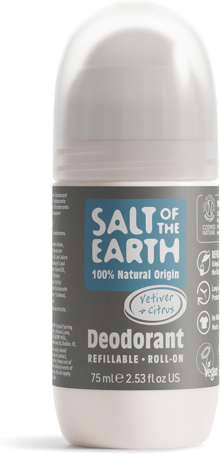 Salt Of the Earth Refillable Natural Deodorant Roll On Unscented - Effective Protection, 100% Natural, Eco friendly, Vegan, Suitable for Women, Men & Kids - 75ml