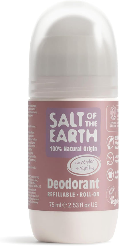 Salt Of the Earth Refillable Natural Deodorant Roll On Unscented - Effective Protection, 100% Natural, Eco friendly, Vegan, Suitable for Women, Men & Kids - 75ml