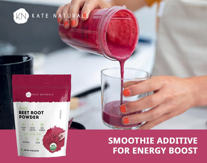 Kate Naturals Beet Root Powder Organic for Smoothie & Energy Boost. Nitric Oxide Supplement for Workout (8oz, Earth Flavor, Mix with Juice Easily)