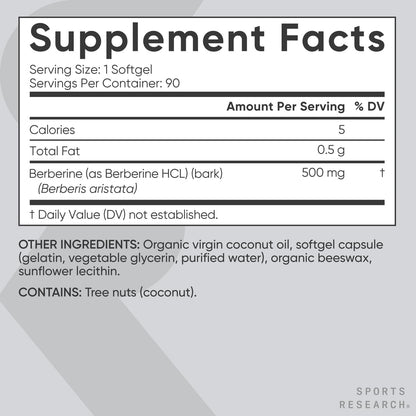 Sports Research Berberine Supplement with Coconut Oil - Herbal & Ayurvedic Metabolic Health Support - Berberine 500mg, 90 Softgels - Gluten-Free, Non-GMO Berberine Powder