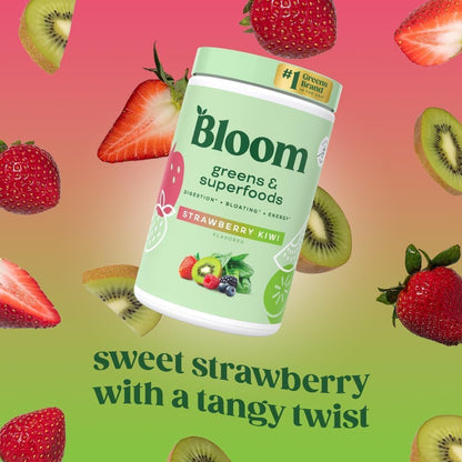 Bloom Nutrition Greens and Superfoods Powder for Digestive Health, Greens Powder, Digestive Enzymes, Probiotics, Spirulina, Chlorella for Bloating & Gut Support, Green Juice, 30 SVG, Strawberry Kiwi