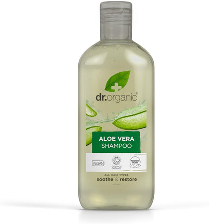 Dr Organic Aloe Vera Shampoo, Soothing, All Hair Types, Natural, Vegan, Cruelty-Free, Paraben & SLS-Free, Recyclable & Recycled Ocean Bound Plastic, Certified Organic, 265ml, Packaging may vary