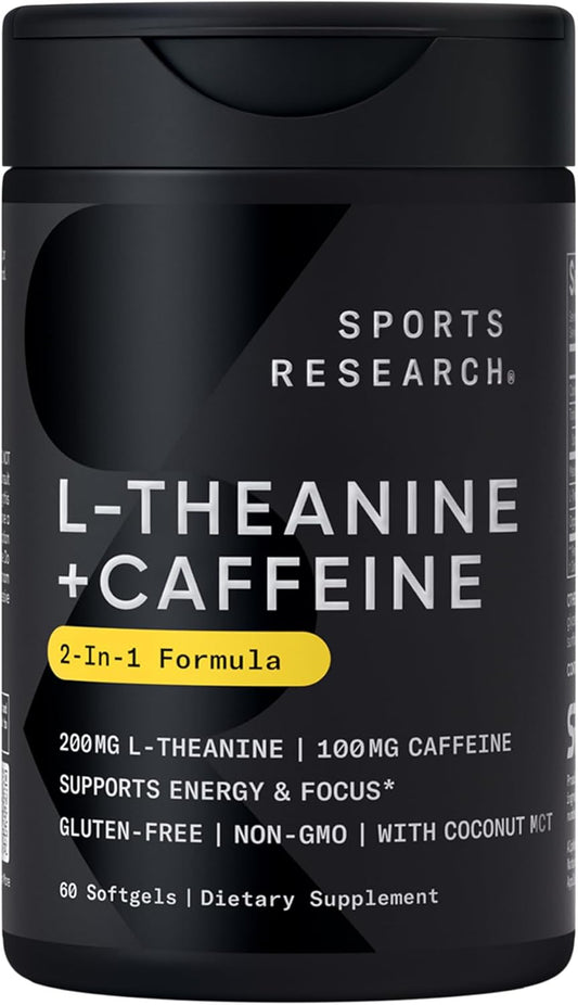 Sports Research L-Theanine Supplement with Caffeine & Coconut MCT Oil - Focused Energy, Alertness & Relaxation Without Drowsiness - 200mg L Theanine, 100mg Organic Caffeine - 60 Liquid Softgels