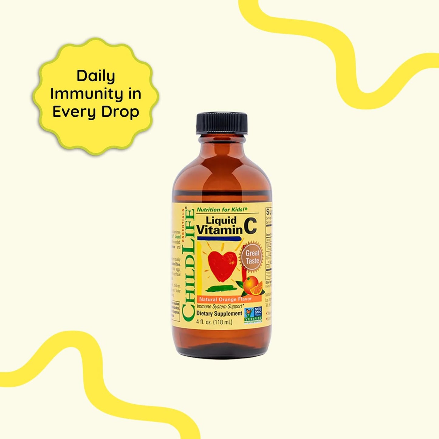 CHILDLIFE ESSENTIALS Liquid Vitamin C - Pure Vitamin C Liquid Supplement for Kids, Toddlers, & Babies, Immune System Support, Low Sugar, Natural Orange Flavor - 4 Fl Oz (Pack of 1)