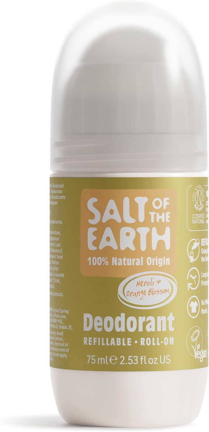 Salt Of the Earth Refillable Natural Deodorant Roll On Unscented - Effective Protection, 100% Natural, Eco friendly, Vegan, Suitable for Women, Men & Kids - 75ml