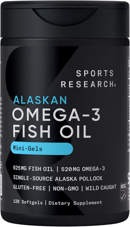Sports Research Fish Oil Mini-Softgels - Easy to Swallow Omega-3 Fatty Acids from Wild Caught Alaska Pollock - 625mg, 120 Softgels