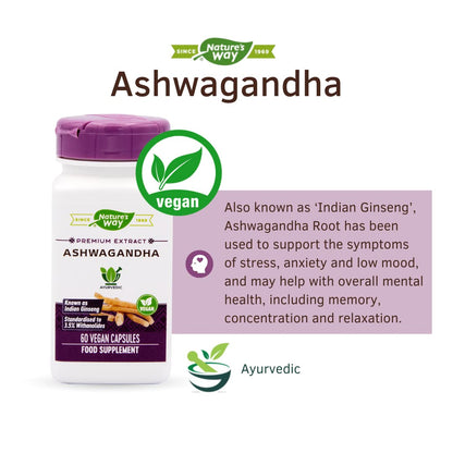 Nature's Way Ashwagandha Root Extract 500mg, Indian Ginseng, Ayurvedic Premium Extract, Standardised to 3.5% Withanolides, Suitable for Vegans and Vegetarians - 60 Capsules