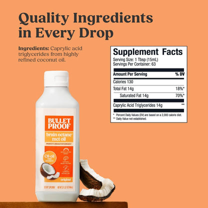 Bulletproof Coconut Brain Octane C8 MCT Oil, 16 Ounces, Premium Keto Supplement for Sustained Energy, Brain and Body Fuel, Unflavored, Add to Coffee and Smoothies, Packaging May Vary