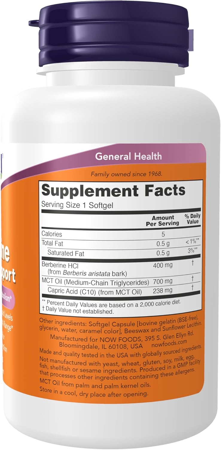 Now Supplements, Berberine Glucose Support, Combined with MCT Oil for Optimal Berberine Absorption, 60 Softgels