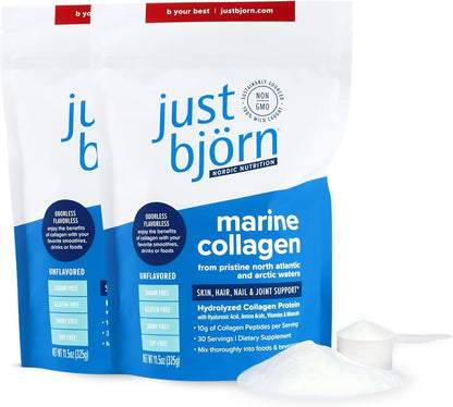 Just Bjorn Marine Collagen Peptides Powder On-The-Go Stick Packs - Collagen Powder for Women & Men - Skin, Hair, Nail & Joint Support - Hyaluronic Acid, Vitamin C, Amino Acids - Unflavored (10 Pack)