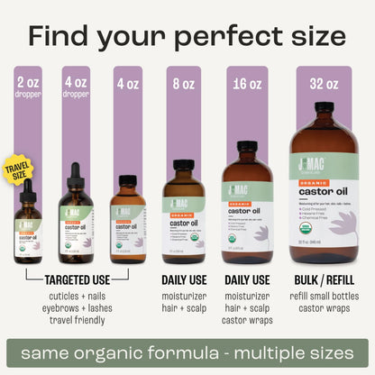 J MAC BOTANICALS Organic Castor Oil Cold Pressed in Amber Glass Bottle (4oz, NO DROPPER) USDA Certified, Hexane Free - Moisturizing Oil for Hair, Skin, Face, Eyelashes, Brows, Nails, and Castor Wraps