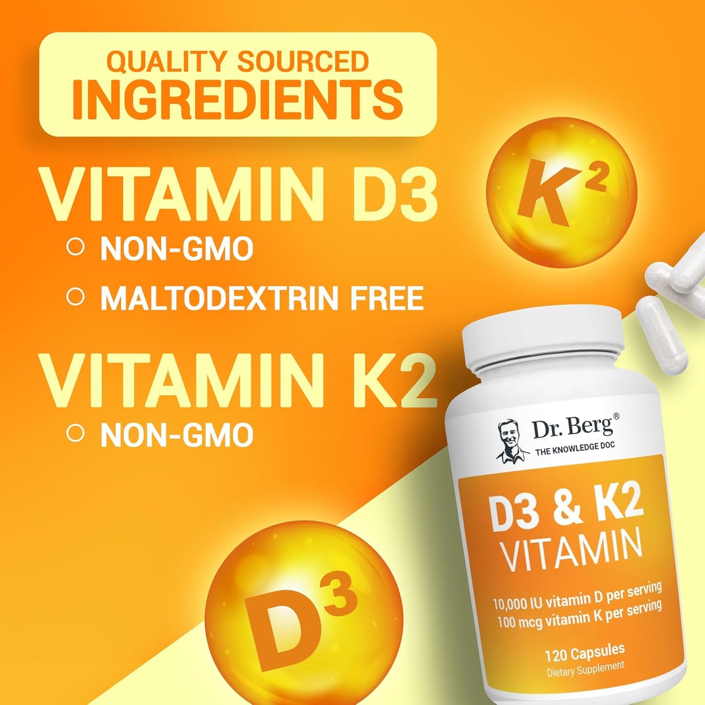 Dr. Berg D3 K2 Vitamin 5000 IU w/MCT Powder - Includes 50 mcg MK7 Vitamin K2, Purified Bile Salts, Zinc & Magnesium for Ultimate Absorption - K2 D3 Vitamin Supplement - 60 Capsules