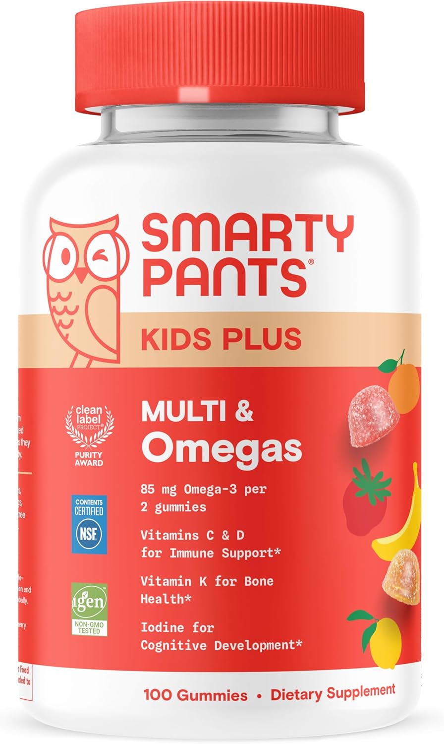 SmartyPants Kids Multivitamin Gummies: Omega 3 Fish Oil (EPA/DHA), Vitamin D3, C, Vitamin B12, B6, A, K & Zinc for Immune Support, Biotin, Gluten Free, Three Fruit Flavors, 120 Count (30 Day Supply)