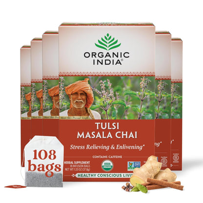 ORGANIC INDIA Tulsi Moringa Tea Bags - Holy Basil, Lemongrass, Moringa Leaves, Stress Relieving & Nourishing, Immune Support Tea, Vegan, Certified Organic, Caffeine-Free - 18 Infusion Bags, 6 Pack