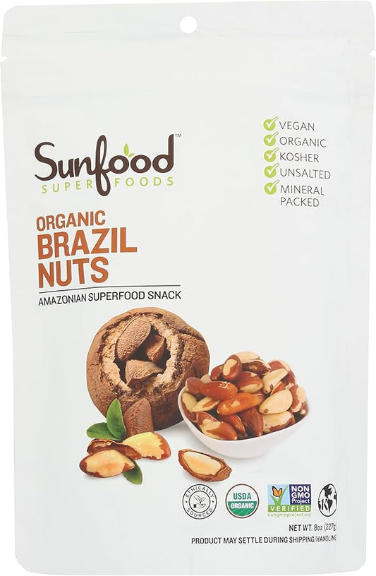 Sunfood Superfoods Raw Organic Brazil Nuts - Brazil Nuts Organic, Raw Brazil Nuts, Brazilian Nuts Unsalted, Great Source of Protein, USDA Organic, Non GMO, Vegan - 8 oz Bag