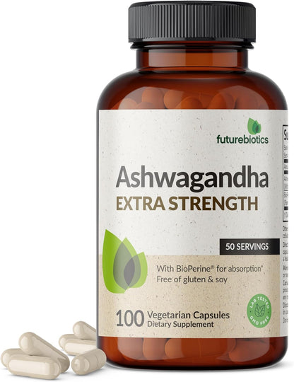 Futurebiotics Ashwagandha Extra Strength Stress & Mood Support with BioPerine - Non GMO Formula, 100 Vegetarian Capsules