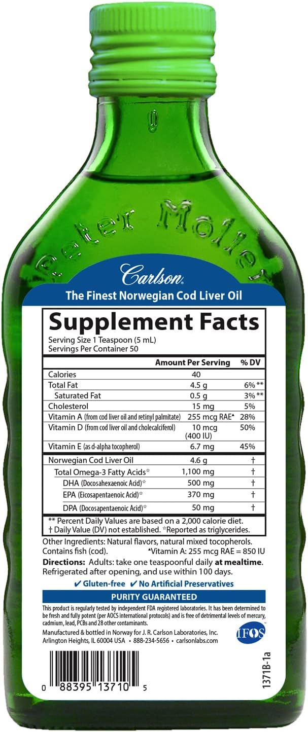 Carlson - Cod Liver Oil, 1100 mg Omega-3s, Plus Vitamins A and D3, Wild Caught Norwegian Arctic Cod Liver Oil, Sustainably Sourced Nordic Fish Oil Liquid, Unflavored, 250 mL (8.4 Fl Oz)