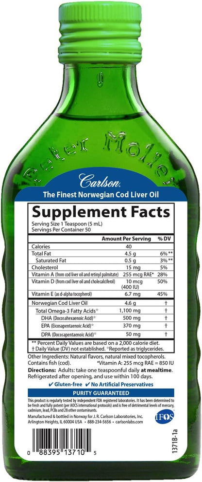 Carlson - Cod Liver Oil, 1100 mg Omega-3s, Plus Vitamins A and D3, Wild Caught Norwegian Arctic Cod Liver Oil, Sustainably Sourced Nordic Fish Oil Liquid, Unflavored, 250 mL (8.4 Fl Oz)